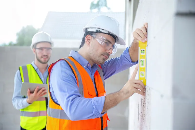 Ingeniero verificando la verticalidad de un muro con un nivel mientras otro registra datos en una tableta